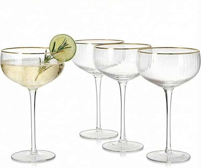 Gold Rim Coupe Glasses 11 oz, Set of 4 Classic Manhattan Glasses - Martini, Cocktails, Champagne, Wine & Water, Coupes Gilded Rimed, Crystal Stemmed, Short Stem Sets Perfect for Drinking Champagne