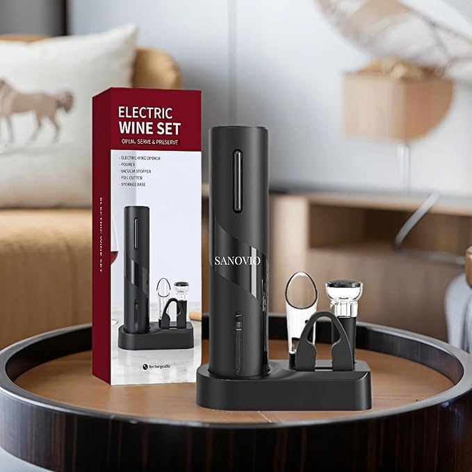 6-in-1 Electric Wine Opener Set - Rechargeable Automatic Corkscrew with Vacuum Sealer, Wine Aerator, Foil Cutter & Charging Base,Valentine's Day Gifts, Wine Lovers(Black)