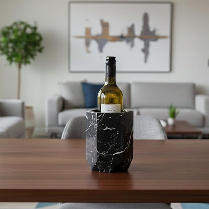 Radicaln Marble Wine Chiller Bucket 6.5 Inch Black 750ml Wine Bottle Cooler & Champagne Chiller, Multi-Purpose Utensil Holder, Vase & Bar Cart Decor, Ice-Free with Non-Slip Felt Base, Luxury Wine Gift