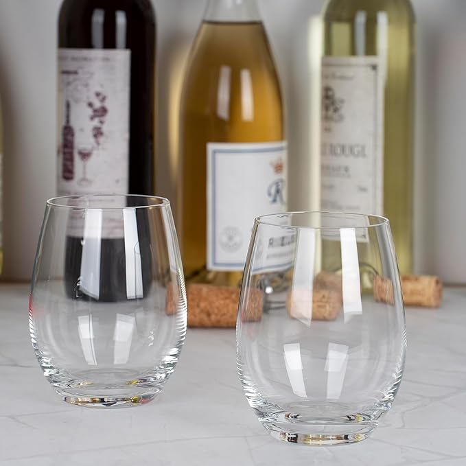 Cystone Premium Crystal Stemless Wine Glasses Set of 6, 15oz Lead-Free Red or White Wine Glass, Water Juice Glasses, All-Purpose Beverage Cups, Clear Drinking Tumblers in Gift Box, Dishwasher Safe