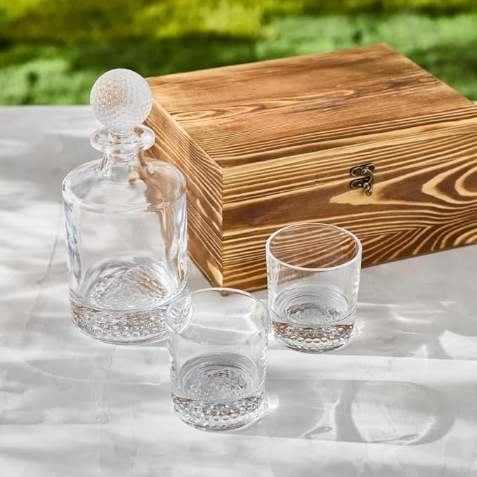 Wine Enthusiast Golf Whiskey Decanter Glasses Gift Set Box – Golf Themed Lead-Free Crystal Decanter, 2 Golf Ball Glasses Wood Box – Unique Gift for Men, Whiskey Lovers, Golfers