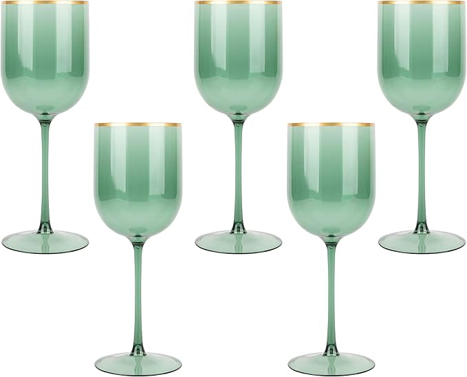 PLASTICPRO Green Wine Cup with Gold rim Plastic Wine Glasses Set of 5 Elegant Wine Goblets Hard Plastic Wine Cups on Stem 12 Ounce