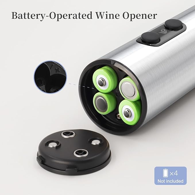 Battery Operated Wine Opener Set by ELMWAY, Stainless Steel Electric Corkscrew with Storage Base, Foil Cutter, Wine Aerator Pourer, Vacuum Stopper, LED Indicator (4 x AA Not Included)