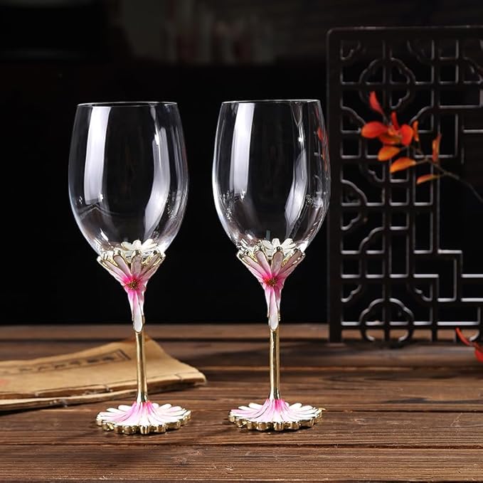 Simcat Handmade Painted Enamel Flower Glass Wine Glasses Transparent Refined Goblet, Stem For Cabernet, Gifts (pink single gift box,small flower)