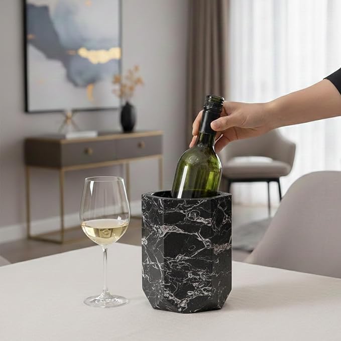 Radicaln Marble Wine Chiller Bucket 6.5 Inch Black 750ml Wine Bottle Cooler & Champagne Chiller, Multi-Purpose Utensil Holder, Vase & Bar Cart Decor, Ice-Free with Non-Slip Felt Base, Luxury Wine Gift