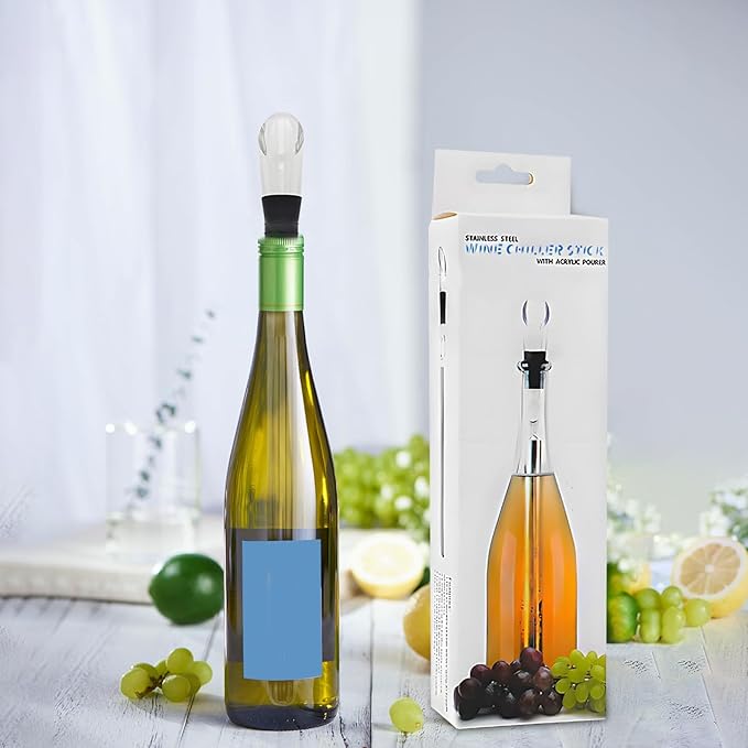 Chiller Bar - Red Chiller Rod, Stainless Steel Iceless Bottle Cooler with Stopper and Pourer | Perfect Wine Chiller Accessory at Home, Bar, Fes