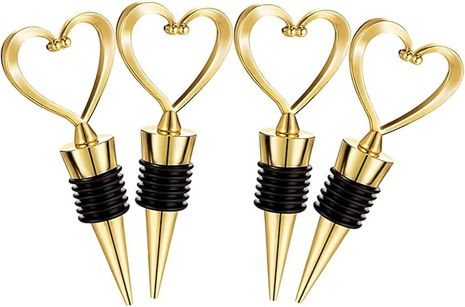 4 Pcs Gold Stainless Steel Love Design Wine Bottle Stoppers, Heart Shape Wine and Beverage Bottle Stoppers for Guests