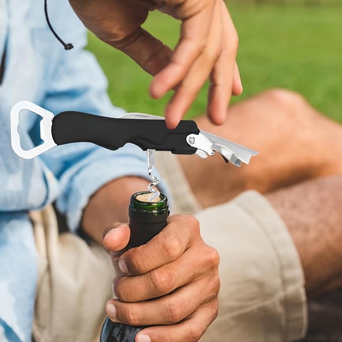 Stainless Steel Wine Key with Foil Cutter:Waiters Corkscrew Opener Beer Bottle Opener (Black)