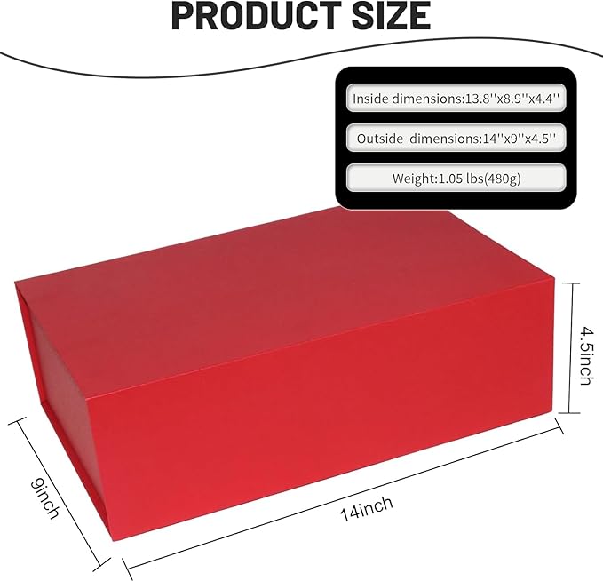 YINUOYOUJIA Large Red Gift Boxes with Lid,14"x9"x4.5" Magnetic Gift Box with Ribbon,Cards and Envelopes for Presents,Great for Wedding,Birthdays,Crafting,Gift Packaging.