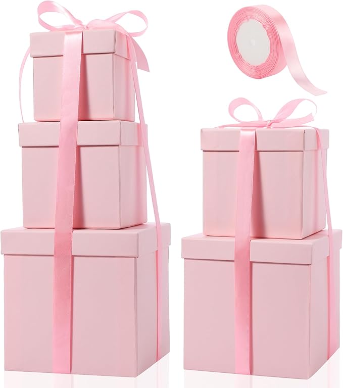 Cholemy 5 Pcs Square Nesting Boxes Decorative Gift Boxes with Lid and Ribbon Assorted Sizes Wrap for Wedding, Carnival, Anniversary, Birthday, Bridal Shower Party Gifts(Pink)