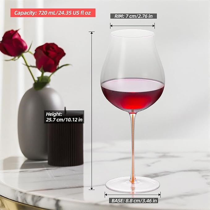 KAMMAK Wine Glasses Set of 2, 24.35 oz Hand Blown Crystal Bordeaux Wine Glasses, Thin Rim & Long Stem, Perfect for Red & White, Daily Use, Wedding or Birthday Gift with Gift Box, Burgundy Orange
