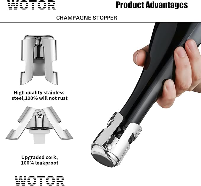 WOTOR Champagne Stoppers Stainless Steel, Prosecco Bottle Stopper with Food Grade Silicone, Reusable Champagne Cork & Saver, Leak proof Keep Fresh (Silver, 6 Pack)
