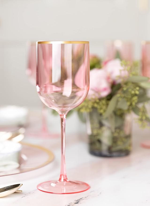 PLASTICPRO Pink Wine Cup with Gold rim Plastic Wine Glasses Set of 10 Elegant Wine Goblets Hard Plastic Wine Cups on Stem 12 Ounce