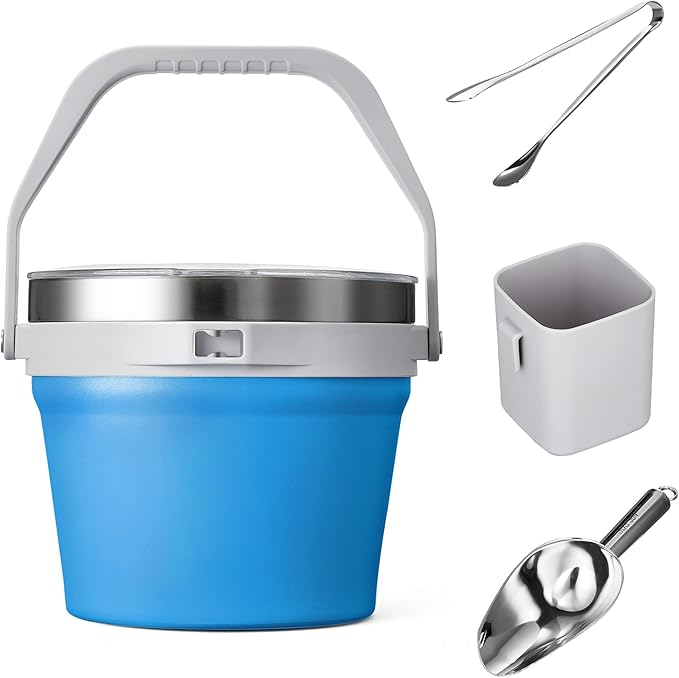 COKTIK 7L Vacuum Insulated Ice Bucket with Lid and Scoop& Tongs，Large capacity Stainless Steel Beverage Bucket for Cocktail, Champagne, Wine, Beer，Large Parties（Blue Suit）