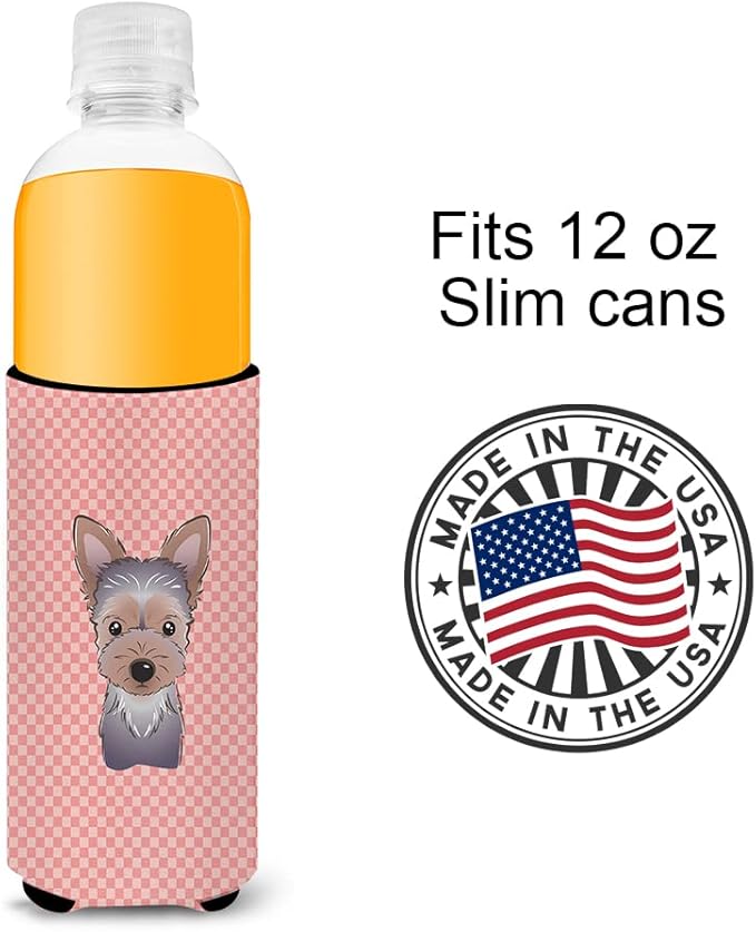 Checkerboard Pink Yorkie Puppy Ultra Beverage Insulators for slim cans BB1232MUK