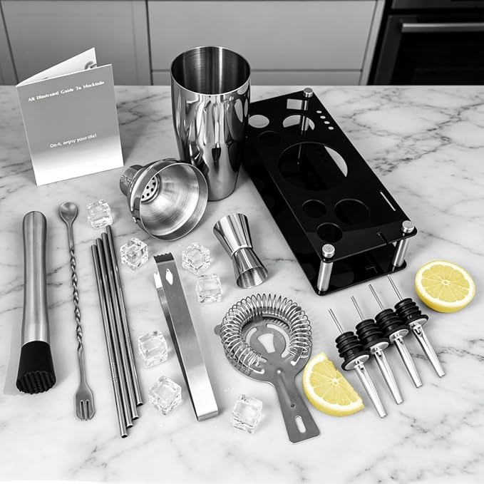 14-Piece Cocktail Shaker Set with Stand, Bartender Kit, 25oz Shakers, Bar Set Cocktail Shaker Set, Jigger for Bartending Kit, Drink Mixer Set, Cocktail Set Recipes Booklet Home, Bar, Party (Silver)