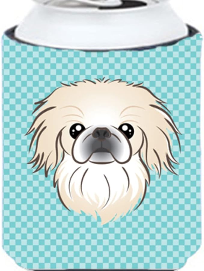 Caroline's Treasures BB1159CC Checkerboard Blue Pekingese Can or Bottle Hugger Cooler Washable Drink Sleeve Collapsible Beverage Insulated Holder, Can Hugger, Multicolor