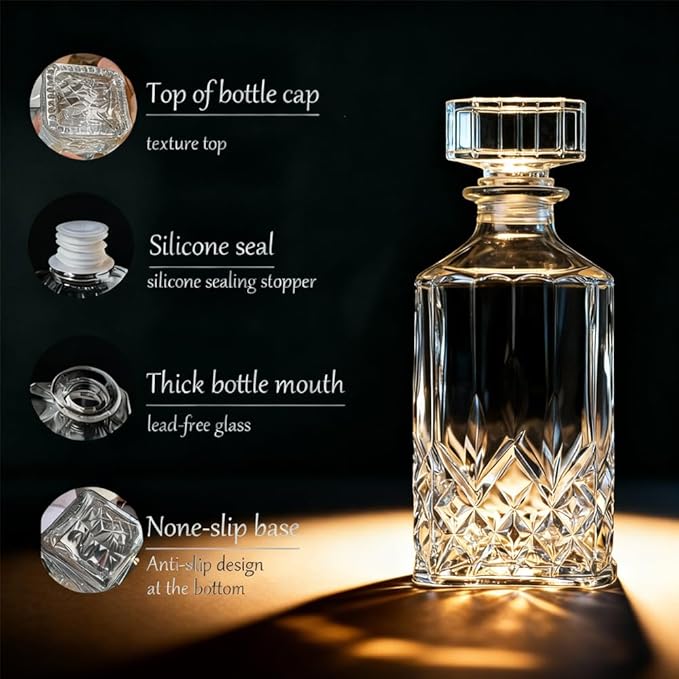 Whiskey Decanter with Airtight Geometric Stopper,32oz Liquor Decanter,Glass Decanter,Diaphanous Liquor Bottle,Decanter with Airtight Lid for Whiskey,Vodka,Bourbon,Scotch,Brandy,Wine