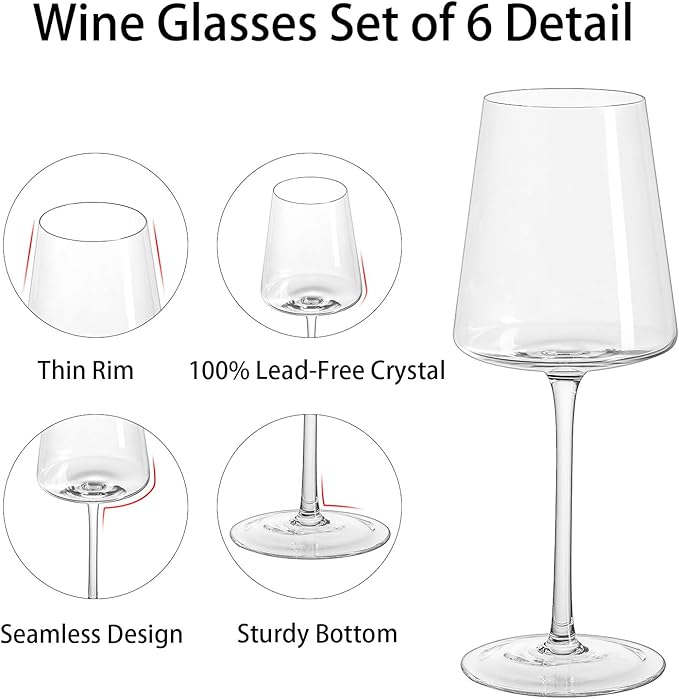Crystal Wine Glasses Set of 6 -13.5oz Clear Lead-Free Hand Blown Long Stem Square Red Wine Glasses with Gift Box for Christmas Wedding Birthday Party