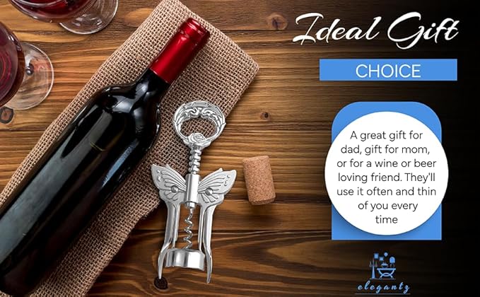 ELEGANTZ Luxury Multifunctional Wine Bottle Opener with Foil Cutter, Beer Opener, Butterfly Design - Heavy Duty Zinc Alloy, Chrome Plating - Gift for Wine Lovers