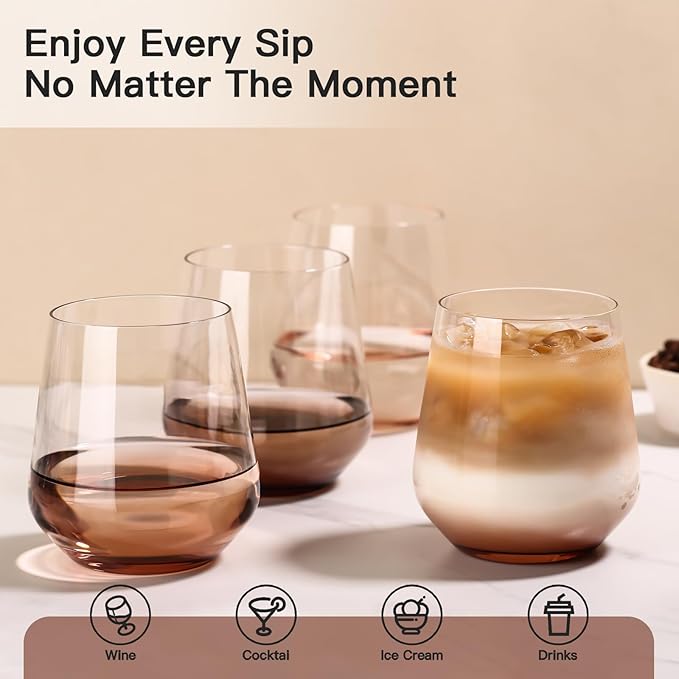 JOVGANK Venus Stemless Wine Glasses Set of 6 - Hand Blown Amber Stemless Wine Glass - 17 oz, [Lead-Free Crystal Glass] Large Short Glass Tumblers, Housewarming Gifts and Mother's Day Gift