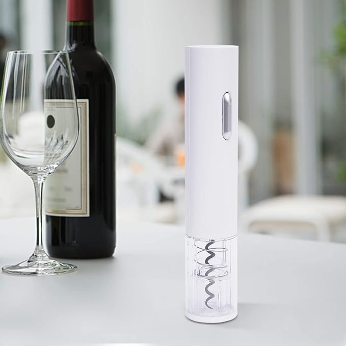 Electric Wine Opener with Foil Cutter Automatic Corkscrew for Red Wine Bottles Battery Powered Easy to Use White Finish Includes Stainless Steel Hook