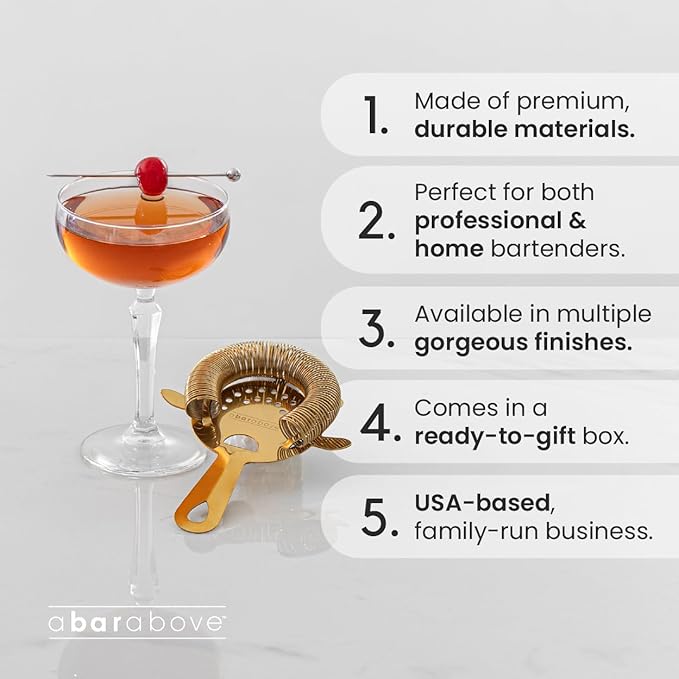 A Bar Above Cocktail Strainer, 4-Prong Bar Strainer with High Density Spring for Smooth Pouring, Fits Boston Shaker Tins and Mixing Glasses, Bar Essentials for Home Bartenders and Pros, Black Finish