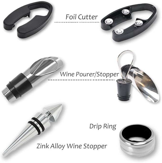 Wine Accessories Gift Set - Wine Bottle Corkscrew Opener Kit, Drip Ring, Foil Cutter and Wine Pourer and Stopper in Novelty Bottle-Shaped Case for Valentine's Gift, Red