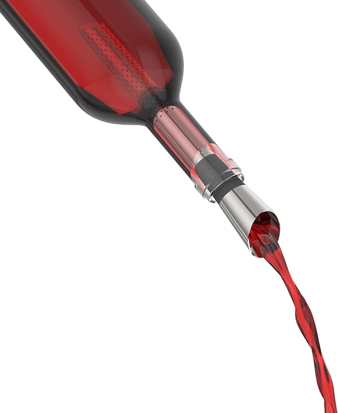 Wine Filter and Pourer – Drip-Free Stainless Steel Wine Spout with Integrated Filter and Leak-Proof Silicone Stopper – Removes Sediment, Softens Tannins and Preserves Wine – Dishwasher Safe