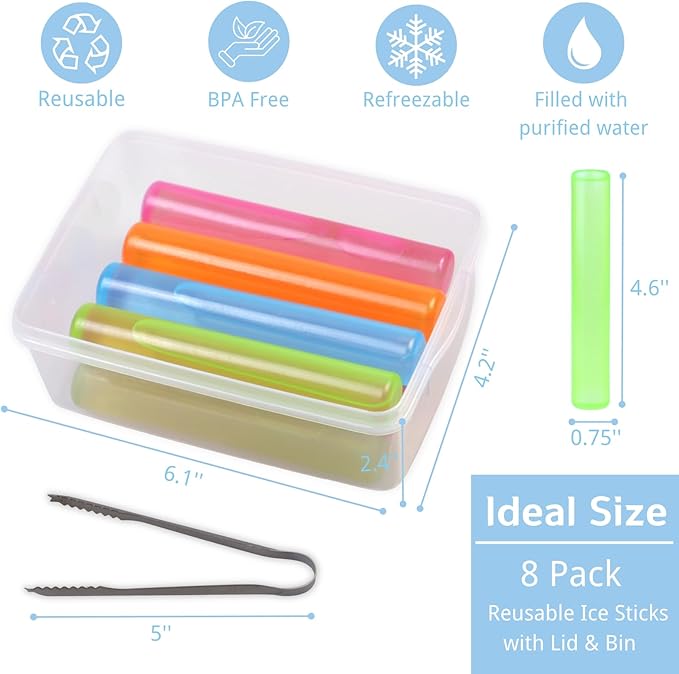 Reusable Ice Cube with Lid and Bin, 8 Pack Plastic Ice Cubes for Drinks BPA Free, Washable Freezable Ice Sticks for Water Bottles, Whiskey, Vodka, Coffee, Beer, Wine