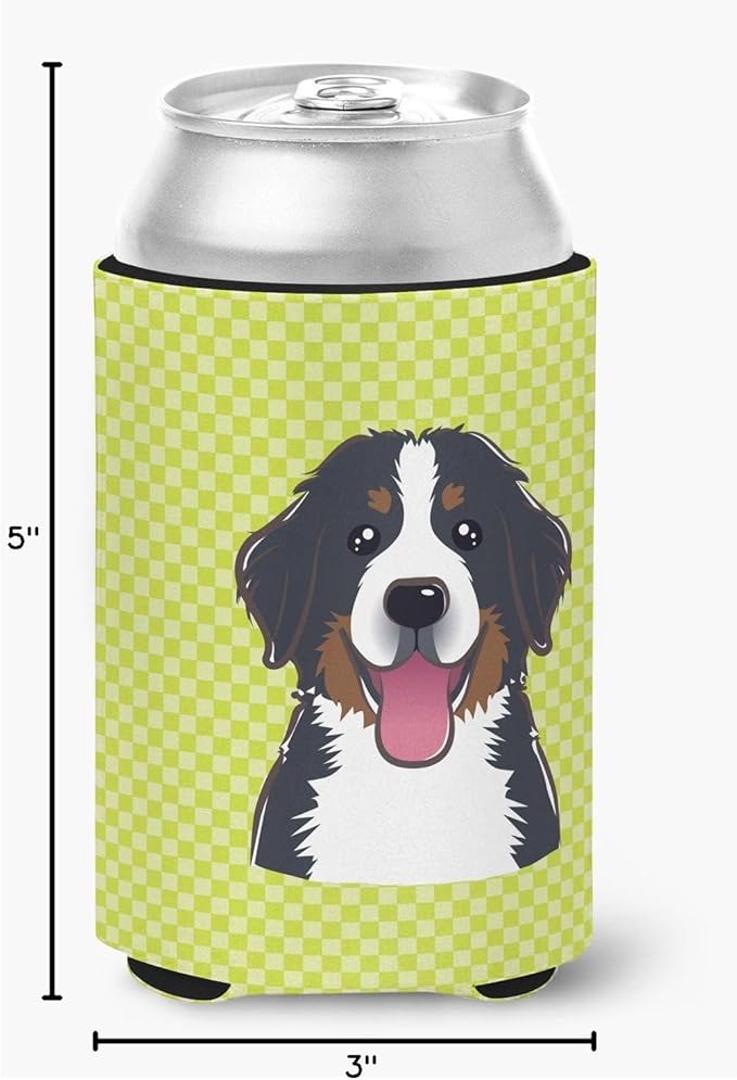 Caroline's Treasures BB1299CC Checkerboard Lime Green Bernese Mountain Dog Can or Bottle Hugger Cooler Washable Drink Sleeve Collapsible Beverage Insulated Holder, Can Hugger, Multicolor