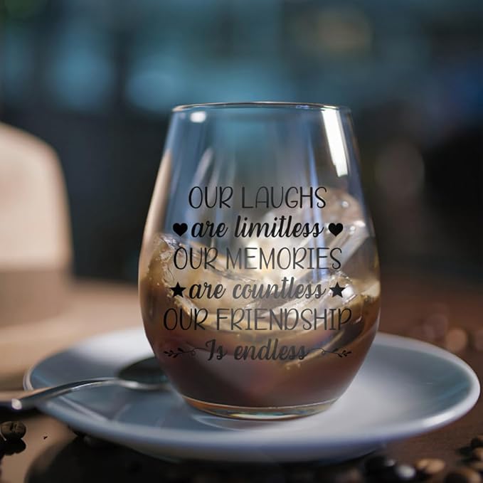 DYJYBMY Our Laughs Are Limitless Our Memories Are Countless Stemless Wine Glass With Gifts Box, Graduation Farewell Gifts For Classmate Friends Bestie, Stemless Glass For Wine Lover, Wedding Eve