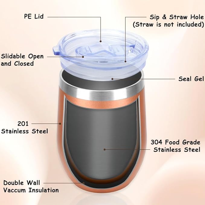 Friendship Gifts Insulated Wine Tumbler with Lid 12oz Graduation Gifts for Best Friends Coworker Birthday Gift for Bestie Sister Useful Tumbler for Birthday Easter Basket Stuffers Graduation Rose Gold