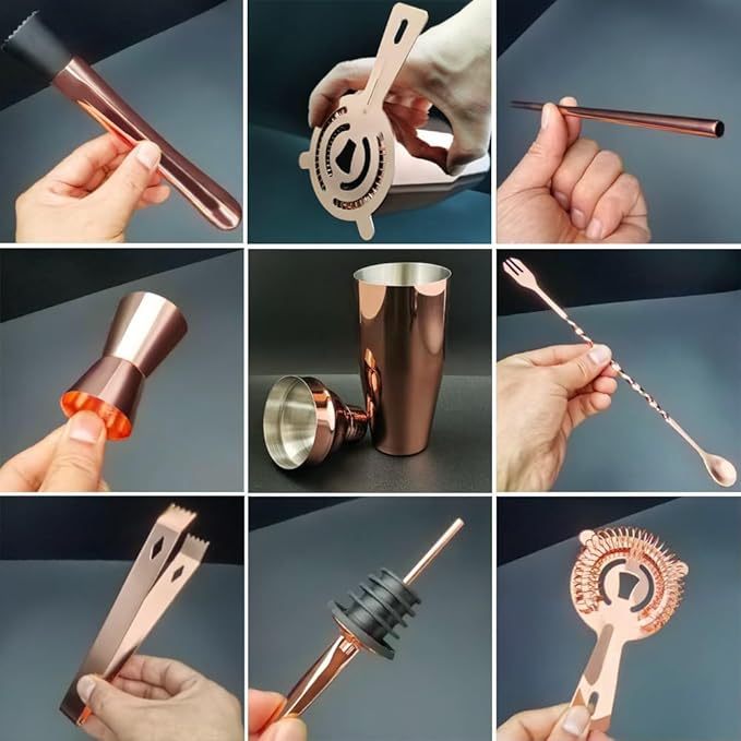 14-Piece Cocktail Shaker Set with Stand, Bartender Kit, 25oz Shakers, Bar Set Cocktail Shaker Set, Jigger for Bartending Kit, Drink Mixer Set, Cocktail Set Recipes Booklet Home, Bar, Party (Rose Gold)