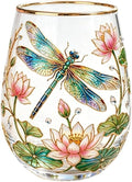 2026 Garden Hummingbird Morning Bliss Glass Tea Cup, Elegant Gold Rimmed Glassware with 14 Oz, Clear Cup for Loose Leaf, Nature Art Decorative Tumbler Gift for Women Mom Wife(Dragonfly)