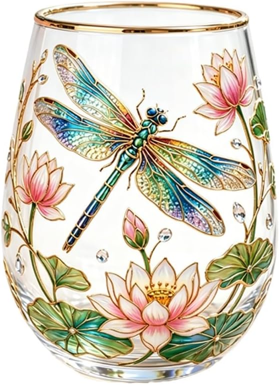 2026 Garden Hummingbird Morning Bliss Glass Tea Cup, Elegant Gold Rimmed Glassware with 14 Oz, Clear Cup for Loose Leaf, Nature Art Decorative Tumbler Gift for Women Mom Wife(Dragonfly)