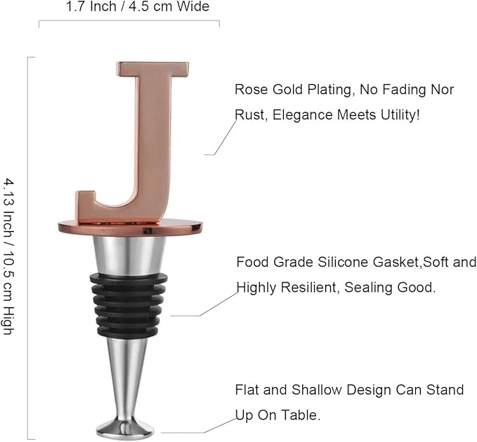 Wine and Beverage Bottle Stopper With Rose Gold Finish-Perfect Presents/Gift Idea for Valentines Day, Mothers Day, Fathers Day, Thanksgiving Day,J-Initial (Letter J)