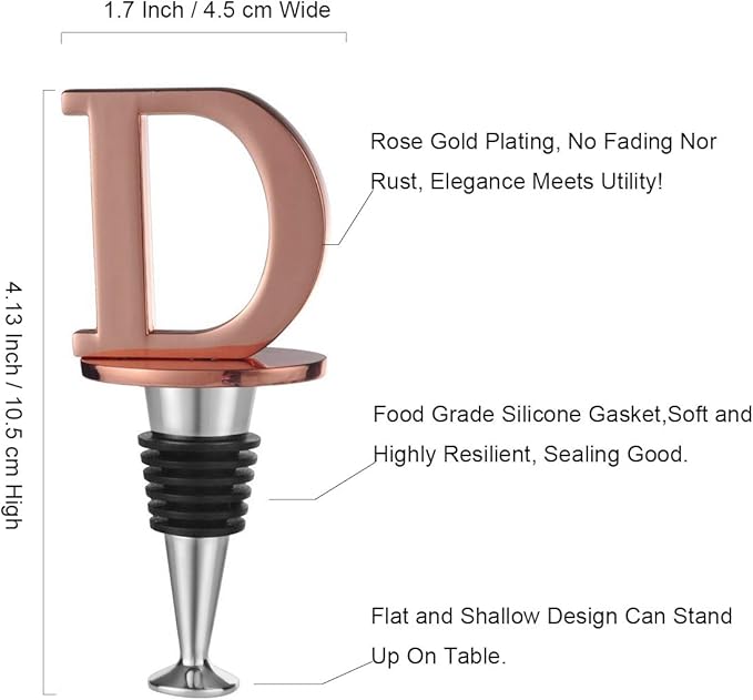 Miicol Wine Stopper, Prosecco Topper, Wine Bottle Stopper, Personalised Champagne Stopper, Rose Gold Wine Accessories, Wine Lovers Gift, Monogram Gift, Letter D