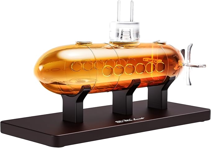 Submarine Whiskey & Wine Decanter Set - Wood Base 25oz Crystal Glass Dispenser Navy Nautical Naval Maritime Anniversary Birthday Gifts Men Who Have Everything Holiday Gifts, Father Husband Boyfriend