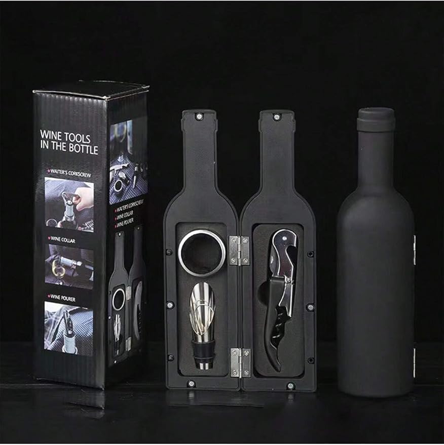 Wine Bottle Shaped Opener Gift Set, 5 Piece Wine Accessories Kit with Corkscrew, Bottle Stopper, Pourer, Foil Cutter, Drip Ring, Black Case, Perfect for Birthday, Wedding, Anniversary, Christmas
