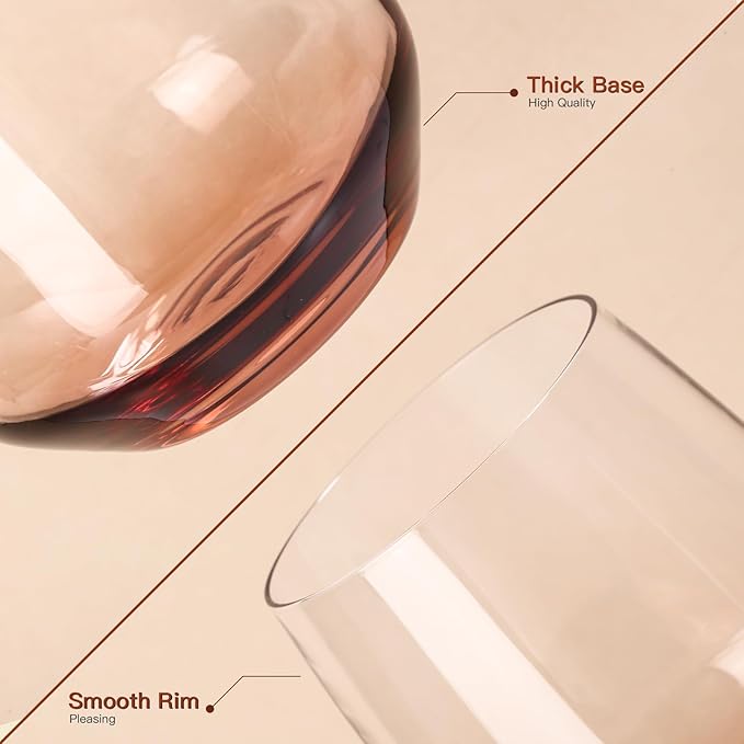 JOVGANK Venus Stemless Wine Glasses Set of 6 - Hand Blown Amber Stemless Wine Glass - 17 oz, [Lead-Free Crystal Glass] Large Short Glass Tumblers, Housewarming Gifts and Mother's Day Gift
