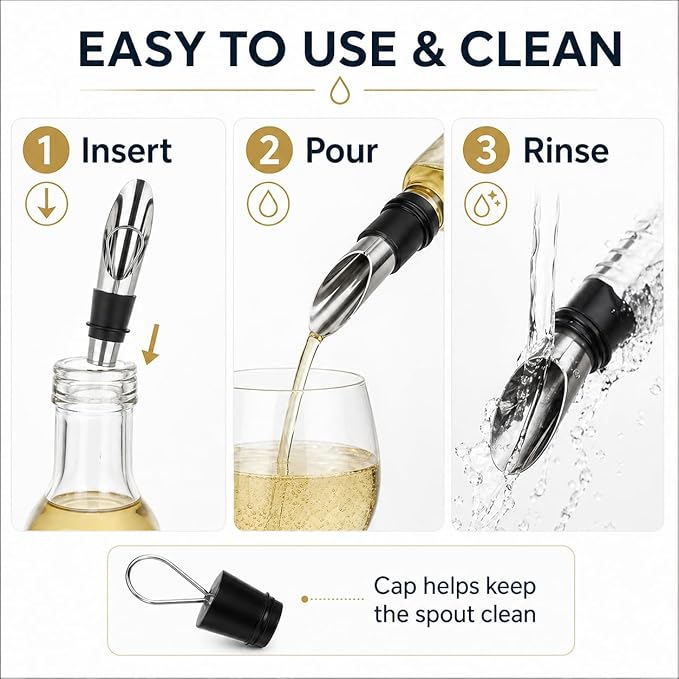 Stainless Steel Wine Aerator and Pourer Set, 5-Piece 2-in-1 Wine Spout with Silicone Bottle Stopper, Premium Silver Wine Accessories for Home Bar, Elegant Gift Box, No-Drip Pouring & Enhanced Flavor