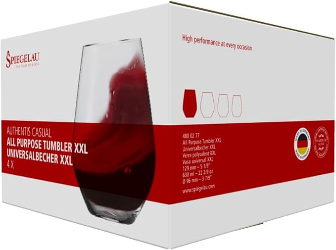 Spiegelau Authentis All Purpose Tumblers, Large Crystal Clear Stemless Glasses for Red and White Wines for Housewarming Gifts, Holiday Celebrations, Picnic, Home Bar, 22.4 oz, Set of 4