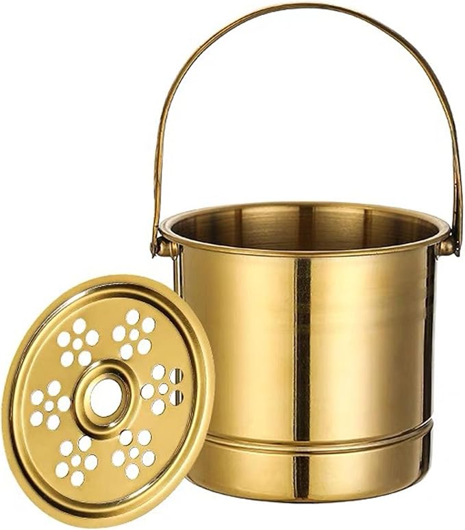 1L Ice Bucket, Metal Double Wall Ice Bucket with Filter Plate and Carrying Handle Stainless Steel Insulated Ice Bucket Golden for Cocktail Bar Wine Parties Champagne Bucket(14x13.8x12.5cm)