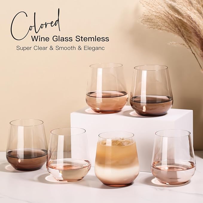 JOVGANK Venus Stemless Wine Glasses Set of 6 - Hand Blown Amber Stemless Wine Glass - 17 oz, [Lead-Free Crystal Glass] Large Short Glass Tumblers, Housewarming Gifts and Mother's Day Gift