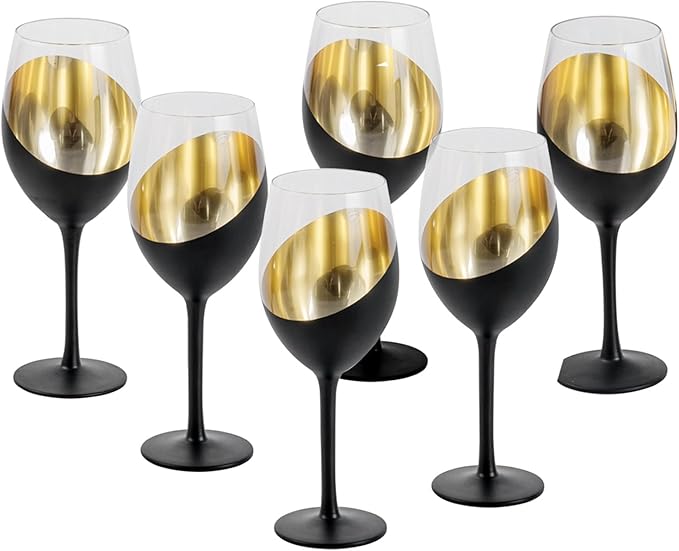 MyGift 14 oz Modern Slanted Matte Black and Gold Tone Stemmed Wine Glasses, Elegant Angled Design with Metallic Interior Accent Glass Stemware, Set of 6