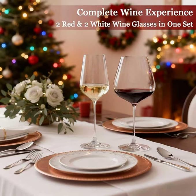 Physkoa Wine Glass Set of 4 – 2 Red (22oz) & 2 White (14oz) Hand-Blown Crystal Glasses, Perfect Gifts for Birthday, Wedding & Housewarming Mother's Day