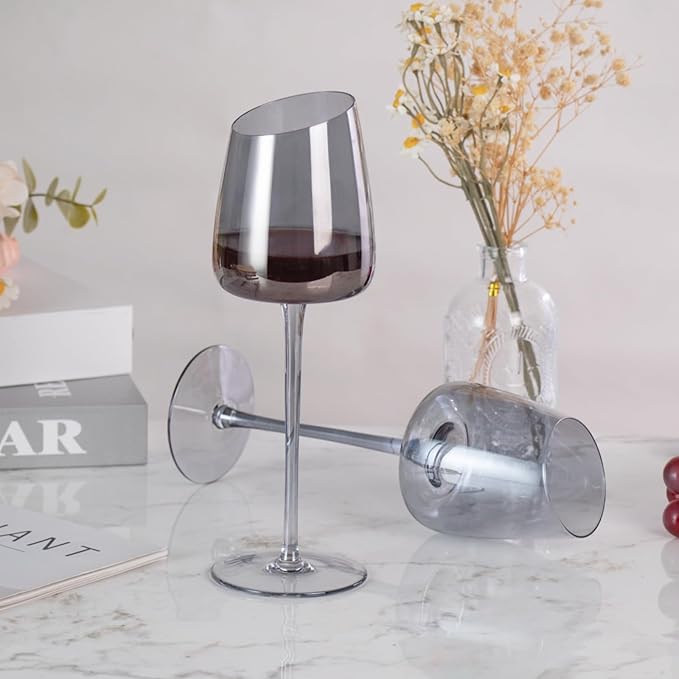 KAMMAK Wine Glasses Set of 2, 9.47 oz Hand Blown Crystal Bordeaux Wine Glasses, Thin Rim & Long Stem, Perfect for Red & White, Daily Use, Wedding or Birthday Gift with Gift Box, XH-H240 Gray