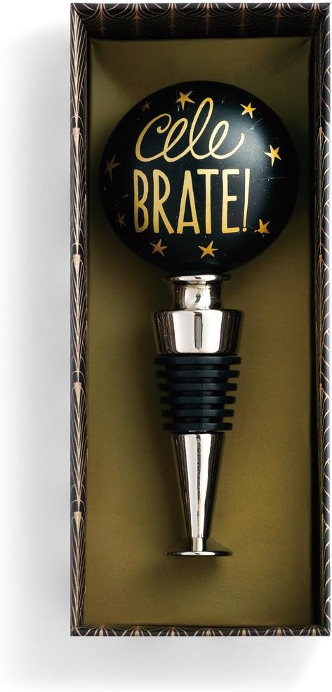 Celebrate Gold Toned Stars On Black 4.5 x 2 Resin Stone Wine Bottle Stopper