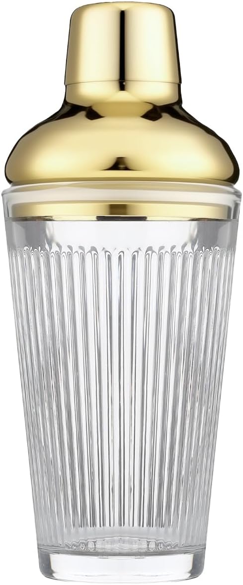 Glass Cocktail Shaker, 17oz Leak-Proof Martini Shaker with Built-in Strainer, Thick Ribbed Drink Shaker Bar Tool for Home Bartending and Aesthetics, Gold